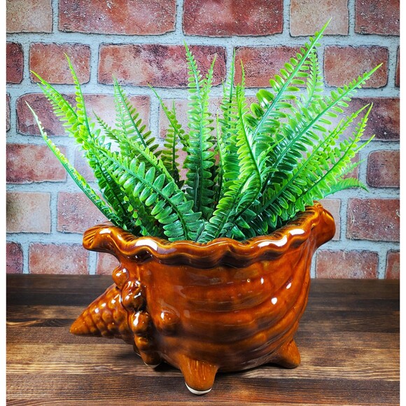 Vintage Brown Glazed Ceramic Conch Shell Planter, Seashell Nautical Decor - Picture 8 of 9